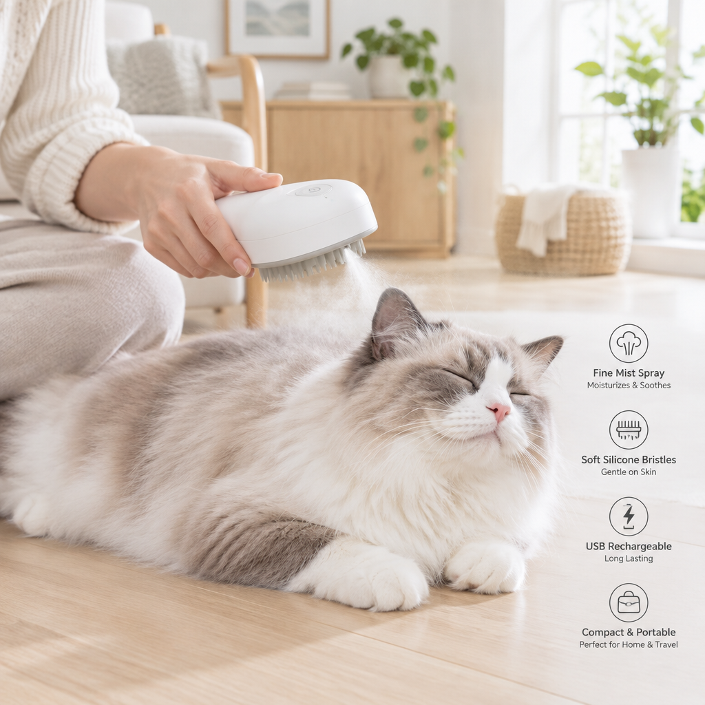 Electric Cat Steam Brush – 3-In-1 Pet Grooming Comb with Water Spray for Cats and Dogs, USB Rechargeable