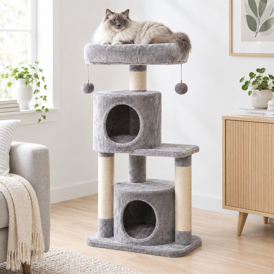 Grått kattträd med två grottor och en katt på toppen